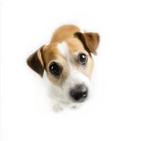 Cute dog looking up with big eyes, showcasing playful and curious expression against white background photo