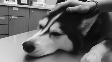 black and white husky is resting table, receiving gentle affection from hand. atmosphere is calm and soothing, highlighting bond between pet photo