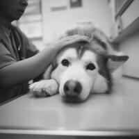 black and white husky is lying on desk while being gently petted by person, conveying sense of calm and care in veterinary setting photo