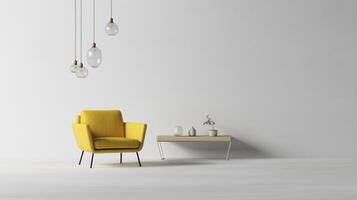 modern yellow armchair with pendant lights and minimalist table on plain white background, creating stylish and inviting atmosphere photo