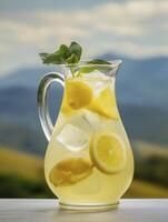 refreshing lemonade in elegant glass pitcher with ice and lemon slices, perfect for sunny day photo