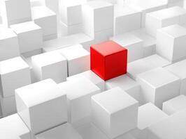 Red cube stands out amongst white cubes, feeling confident and bold in its individuality against monochromatic background photo