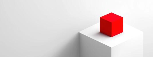 Red box sits confidently on white cube, bathed in soft light, creating minimalist and pristine scene, inviting contemplation and leaving space for interpretation photo