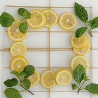 Fresh lemon slices arranged in grid with mint leaves, creating vibrant and refreshing display on light background photo
