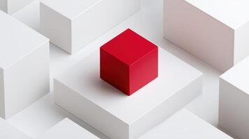 Red cube atop white cubes creates feeling of bold singularity. Geometric abstraction showcases minimalism and stands out with sharp precision photo