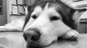 black and white husky is lying on table, looking relaxed and calm. Its expressive eyes and fluffy fur create serene atmosphere photo