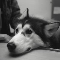 black and white husky is resting its head on desk, exuding calm and relaxed demeanor. soft lighting enhances serene atmosphere photo