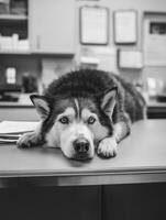 black and white husky dog is lying on desk, looking relaxed and calm in veterinary office. atmosphere is serene and inviting photo