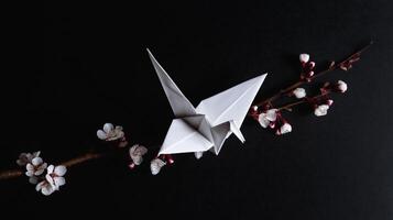 white origami paper bird rests delicately on blossoming branch against stark black backdrop, evoking sense of peace and fragile beauty photo