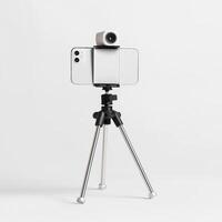 smartphone mounted on tripod with camera attachment, set against clean white background, ideal for photography or recording photo