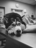 black and white husky dog is lying on desk, looking curiously with blue eyes. atmosphere is calm and serene, showcasing dog gentle demeanor photo