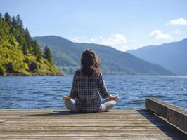 serene scene of woman meditating by water, surrounded by mountains and trees, promoting tranquility and mindfulness photo