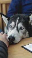 black and white husky dog with striking blue eyes rests its head wooden table, gazing intently person hand. atmosphere is warm and inviting photo