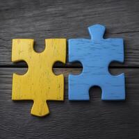 Two puzzle pieces, one blue and other yellow, symbolize connection and teamwork photo