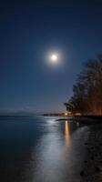 serene beach scene under bright moon, with clear blue sky and gentle waves reflecting moonlight. atmosphere is calm and peaceful photo
