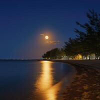 serene night scene with full moon illuminating calm sea and sandy beach, creating peaceful atmosphere photo