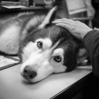 black and white husky is lying on desk, receiving gentle affection from hand. dog expressive eyes convey sense of calm and comfort photo