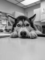 black and white husky dog is lying on desk, looking relaxed and calm in cozy environment. dog striking blue eyes add touch of charm to scene photo