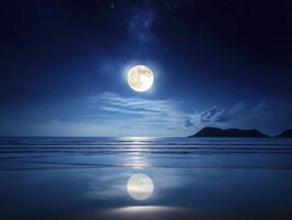 serene beach scene under glowing full moon, reflecting on calm sea waters, creates tranquil atmosphere photo