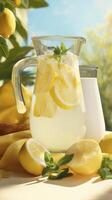 Refreshing lemonade with lemon slices and mint leaves in glass pitcher, surrounded by fresh lemons, evokes sunny, cheerful atmosphere photo