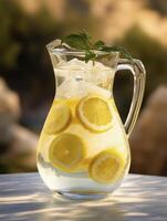 refreshing lemonade in elegant glass pitcher with ice and lemon slices, perfect for warm day photo