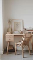 light wooden desk with two drawers, rattan chair, and decorative items creates cozy workspace. serene atmosphere inspires creativity photo