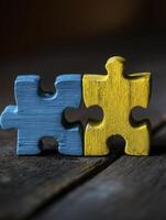 Two puzzle pieces, one blue and other yellow, symbolize connection and teamwork in creative photo
