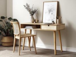 minimalist Scandinavian style desk with two drawers, paired with simple chair, creates serene workspace. decor adds touch of elegance photo
