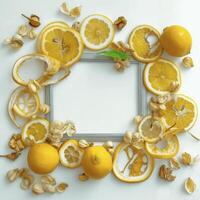 Lemon slices and whole lemons create vibrant frame on white background, evoking freshness and zest photo