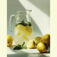 Refreshing lemonade in a glass pitcher with fresh lemons and mint leaves, perfect for sunny day photo