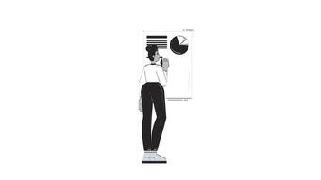 Black woman analyzing pie chart on presentation board outline hand drawn 2D character animation. Female analyst pen drawing data report animated person handdrawn isolated. Doodle drawing 4K video