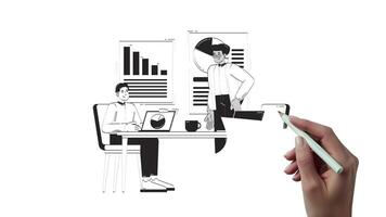 Diverse professionals discussing charts outline hand drawn 2D characters animation. Business meeting presentation. Statistics analysts animated people handdrawn isolated. Doodle drawing 4K video