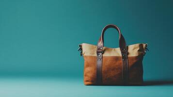 A brown and tan leather tote bag photo