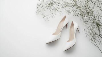 White wedding shoes and baby's breath on white background photo