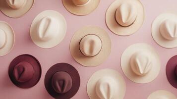 Many different types of hats are arranged on a pink background photo