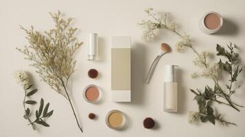 Modern cosmetic products arranged on a white surface photo