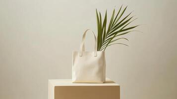 A white bag with a palm plant on top of a block photo