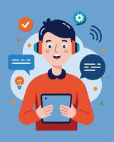 Man Uses Tablet For Online Communication vector