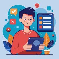 Man Using Tablet Checking Tasks Online vector
