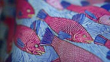 vibrant close up of fabric pattern featuring colorful fish in shades of pink and blue, showcasing intricate details and textures photo