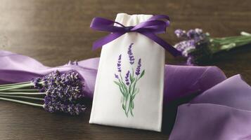 Serene lavender design on small linen bag purple ribbon adds elegance photo
