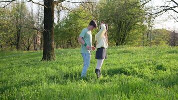 A joyful couple is enjoying a lighthearted and playful moment in a vast, lush green field video