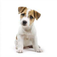 Cute puppy sitting on white background, showcasing its playful and curious nature. This adorable dog captures hearts effortlessly photo