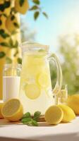 refreshing pitcher of lemonade filled with lemon slices and mint leaves, perfect for sunny day photo
