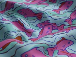 Vibrant fabric featuring playful pattern of pink fish swimming in turquoise background, creating lively and cheerful atmosphere photo