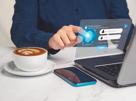 Close-up of log in to the system with a fingerprint on the virtual screen. photo