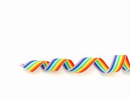 Top view of a rainbow cloth ribbon on a white background. Space for text. photo