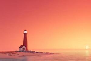 Solitary Lighthouse Bathed in Eternal Sunset Mirage Coastal Serenity Digital Art Tranquil Waters Wide Angle Dreamlike Atmosphere photo