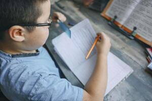 boy in blue shirt using ruler and pencil while doing homework, close up of child writing in notebook at wooden desk with textbook photo