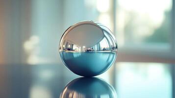 A shiny ball sitting on a table with a reflection photo